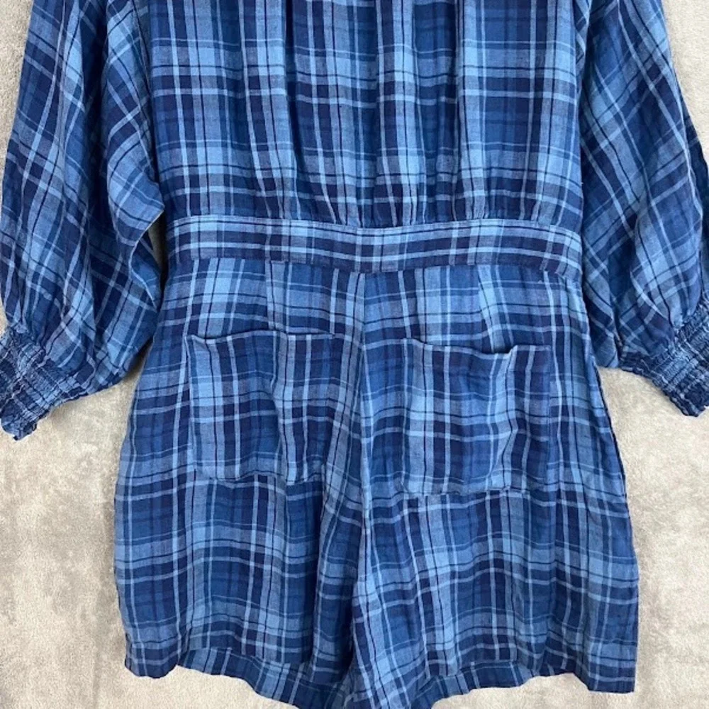 Ralph Lauren Black Label Romper Womens 14 Plaid 100% Linen Boho Cottagecore Boho